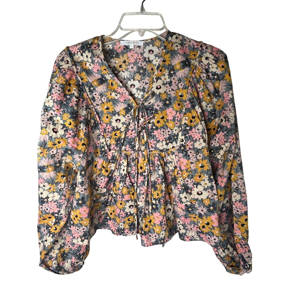 Olivaceous floral long sleeve lightweight flowy top, 100% cotton, size S, EUC